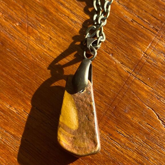 Tan Brown Raw Mookaite Jasper Stone Pendant Necklace Antique Bronze Chain - Picture 4 of 7